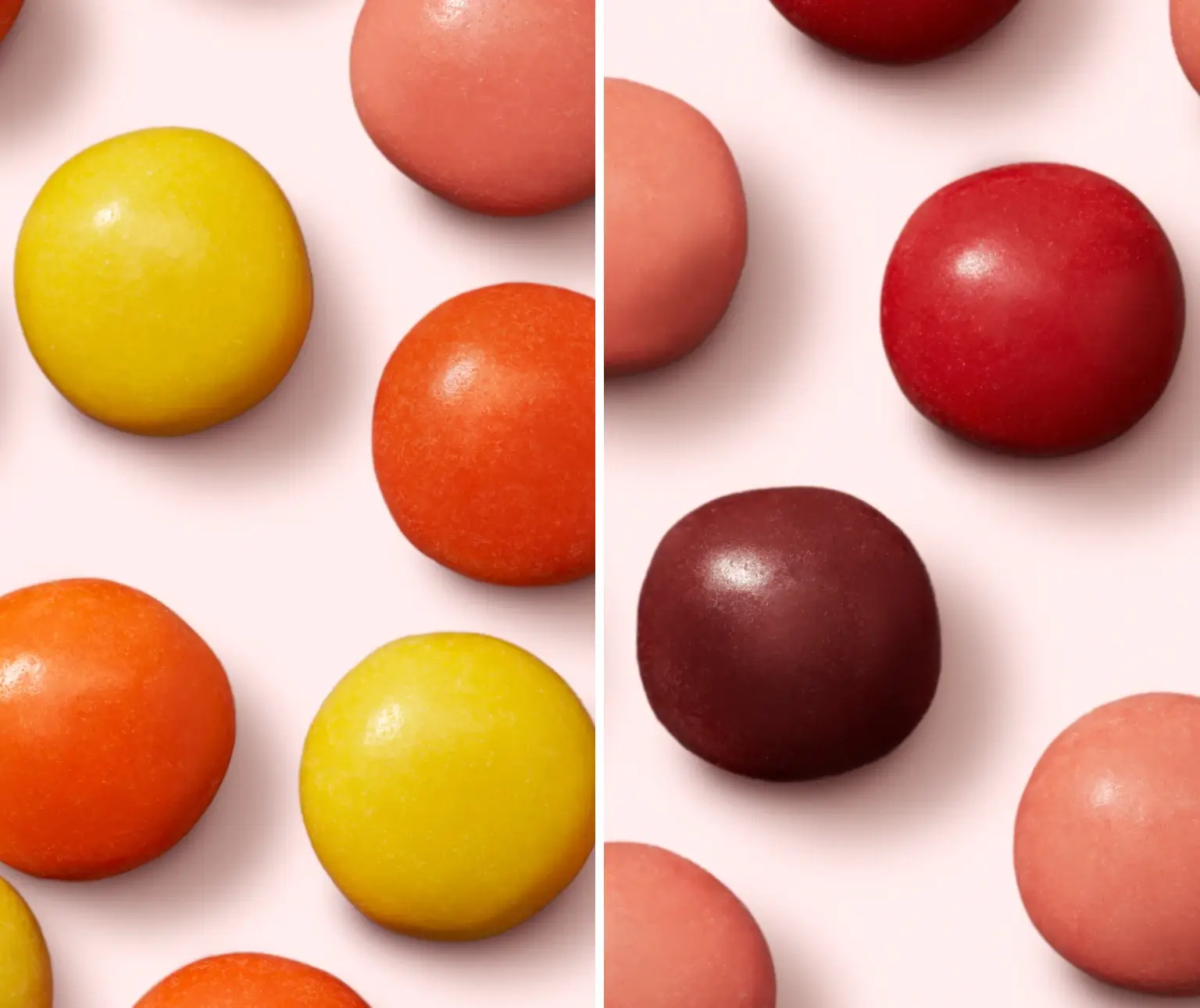 Colorful candy-coated chocolates arranged on a split background.